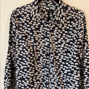 Elephant pattern blue Talbots camp-style button down shirt